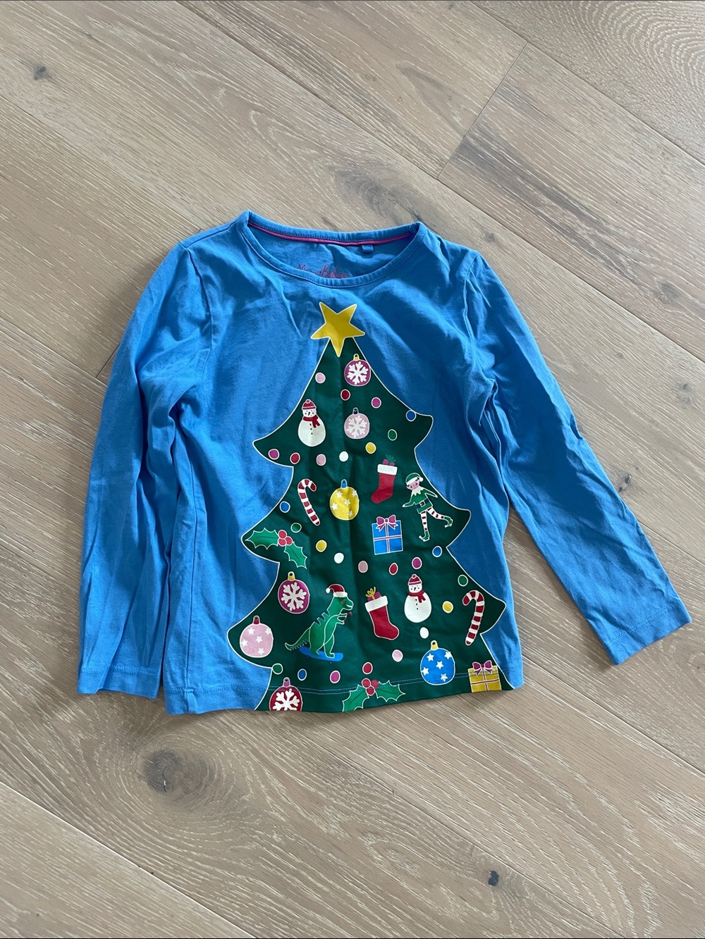 Mini Boden Blue Long-Sleeve Tee with Christmas Tree Graphic